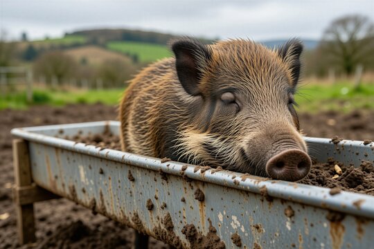 Small wild boar piglet slepic soundly inside metal feeding trough on farm. Baby animal rests chin on edge during nap in countryside. Tired swine relaxes outdoors with eyes closed. Cute creature lying