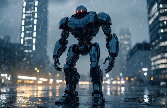 Blue robotic warrior standing in futuristic city