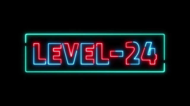 level-24 glowing neon text animation. Glowing level-24 text with glitch effects animation. game concept next level icon. Animation of level-24 title animation.