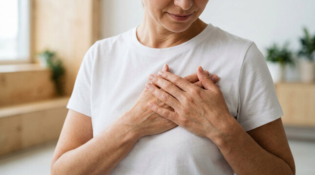 Woman holds hands over chest, experiencing chest pain or discomfort, caring gesture