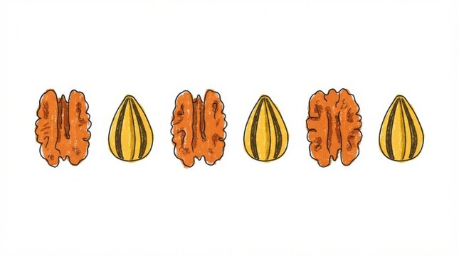 Row of hand drawn walnut halves and sunflower seeds on white background