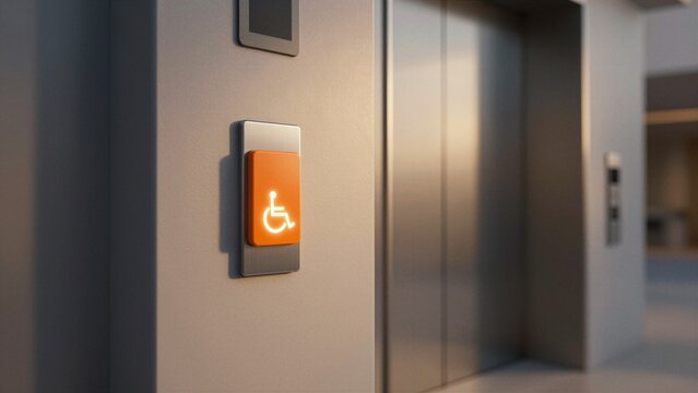 A glowing orange accessibility button with wheelchair symbol mounted on a modern elevator wall, promoting inclusive design in public spaces.