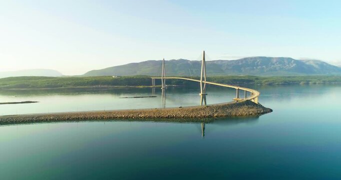 Wide Drone Overview of Curved Helgeland Bridge in Leirfjorden, Norway