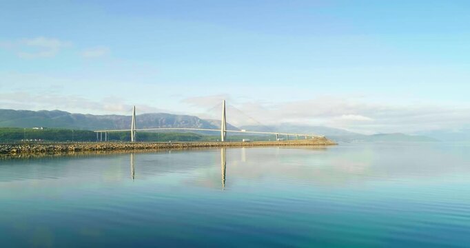 Helgeland Cable-Stayed Bridge Reflected in Calm Leirfjorden, Norway