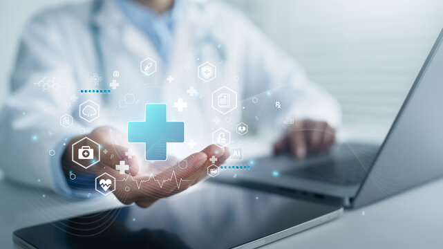 Doctor holding health data, medical information, and healthcare digital interface. cloud health records and patient analysis innovation with AI technology on network electronic folder document.