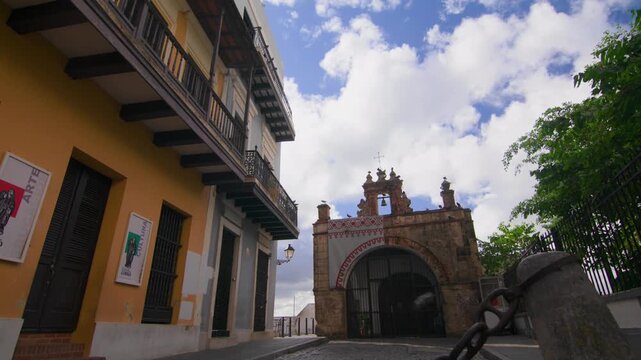 Tilt Down to Reveal Historic Capilla del Cristo in Old San Juan, Puerto Rico - Wide Shot - UHD 4K