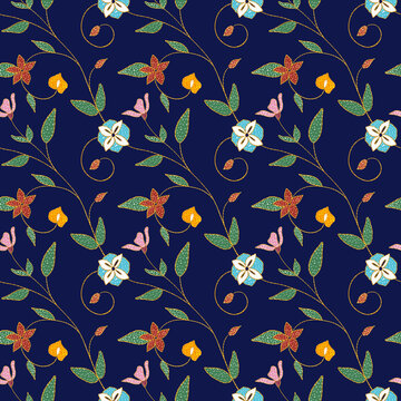 Luxury vintage seamless pattern with elegant gold floral vines on navy blue background