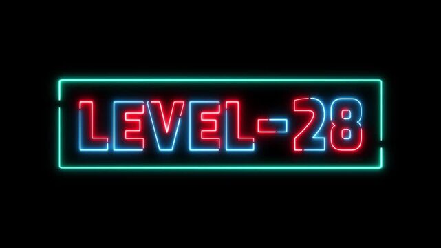 level-28 glowing neon text animation. Glowing level-28 text with glitch effects animation. game concept next level icon. Animation of level-28 title animation.