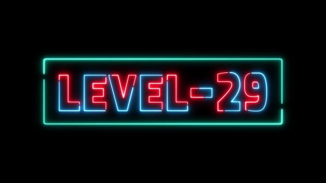 level-29 glowing neon text animation. Glowing level-29 text with glitch effects animation. game concept next level icon. Animation of level-29 title animation.