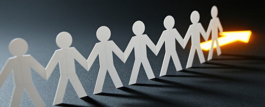 White paper people figures linked in a chain. Bright glowing arrow shows direction forward towards goal. Teamwork concept of unity and group progress towards success.