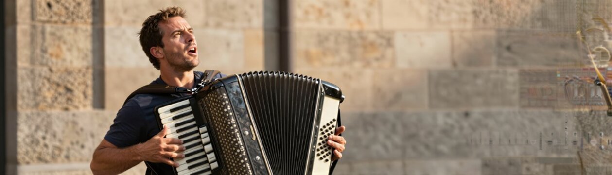 Captures Man Playing Accordion Outdoors To Daytime Middle Aged With Short Cropped Hair Focused Expressive Facial Expression As Looks