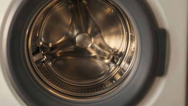 A detailed view of a modern washing machine drum with metallic finish and water droplets on its rim.