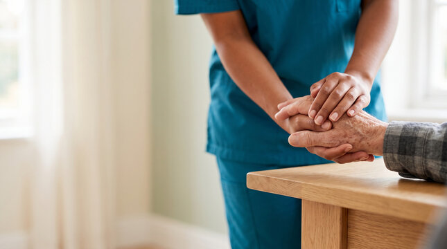 Nurse or caregiver holding hands of senior patient to support and comfort at care home, medical helper hands giving empathy compassion and healthcare concept for elderly website banner