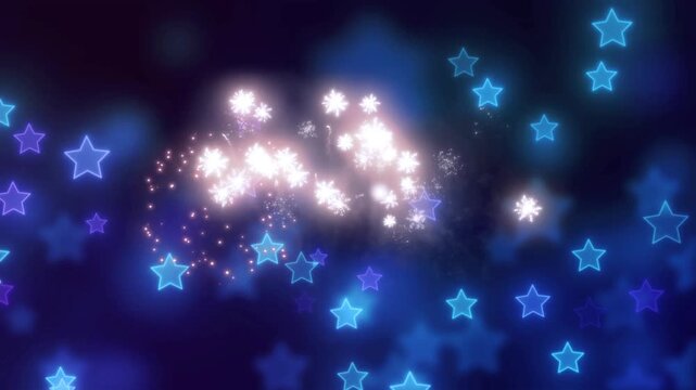 Glowing stars and cherry blossom petals float across a dark blue magical background with a soft bokeh effect.
