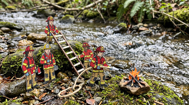 Firefighters using a ladder to extinguish a small campfire near a flowing forest stream.