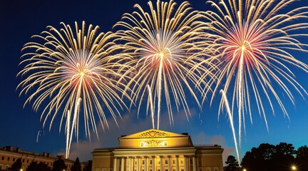 Fototapeta premium Bright golden fireworks explode in dark night sky above historical neoclassical theater building. Colorful pyrotechnic display shines over city architecture during festive public event. Glowing