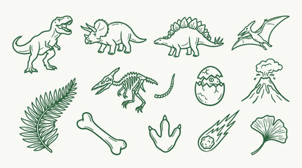 A collection of hand-drawn illustrations depicting various dinosaurs, prehistoric elements, and a volcano, presented in a simple, charming style. © logan