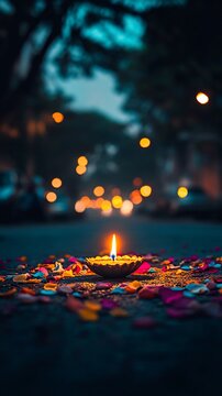 Lit candle amidst colorful petals on pavement, bokeh lights glow in the dusky background