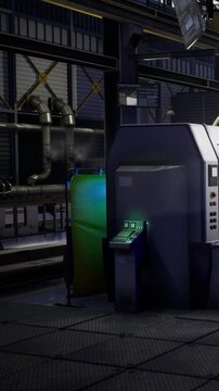 In a bright industrial facility, advanced machinery stands ready for action. The sleek equipment features glowing controls, hinting at the automation within the bustling production area.