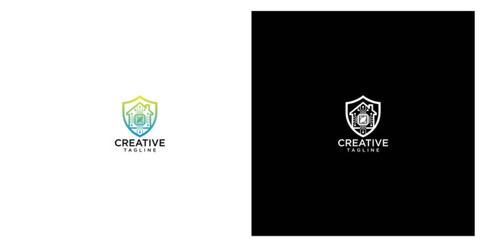Abstract shield emblem with futuristic digital element, representing security and innovation, for technology and data protection brands