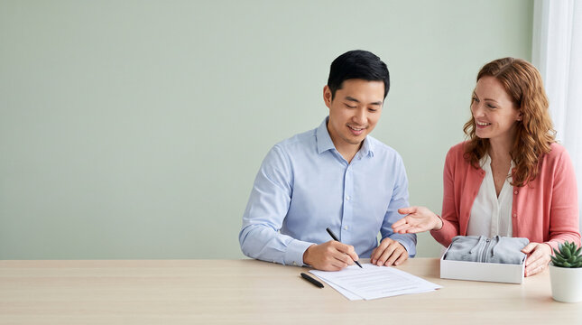 Asian man signing contract document with female client or consultant, business entrepreneur sealing deal or franchise agreement at office desk with clothing product sample banner