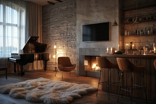 Luxury living room with grand piano stone fireplace and bar