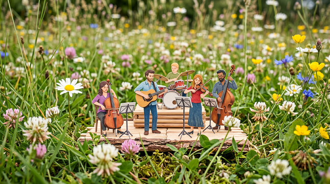 Miniature musician figures play acoustic instruments in a grassy summer meadow.