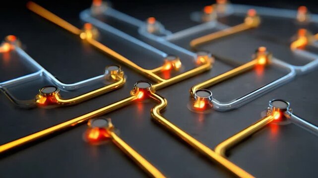 Circuitry Glow: A detailed, close-up view of a modern circuit board with glowing orange nodes and intricate pathways, symbolizing complex technology and data flow.