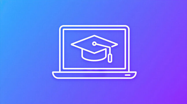 Minimal white line icon of laptop computer with graduation cap on screen. Simple graphic design symbol for online education, e-learning web platforms. Modern academic training sign against smooth