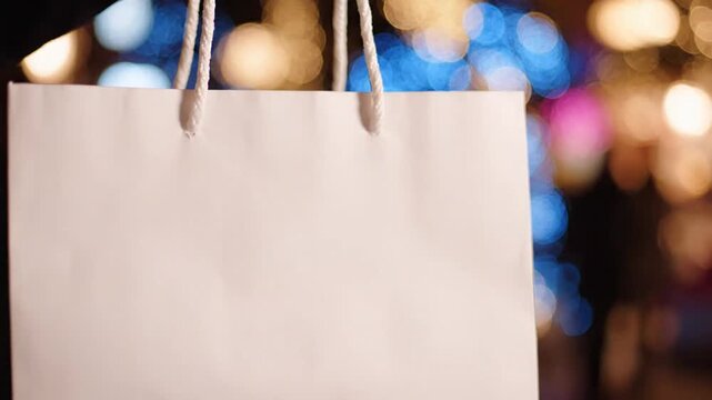 White paper shopping bag held by person against festive bokeh lights