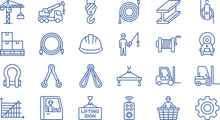 Fototapeta premium Detailed construction site lifting equipment icons collection featuring blue line art vector graphic design style elements