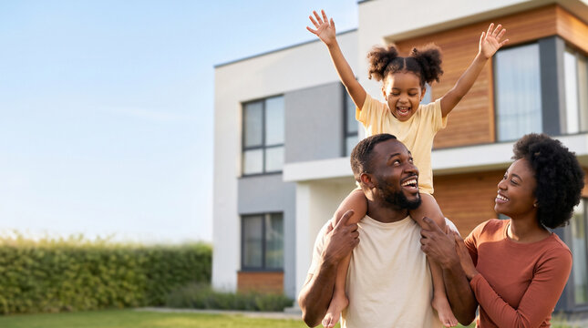 Happy African American family celebrating new house ownership outdoor, cheerful father giving piggyback ride to daughter with mother standing outside bought home website banner