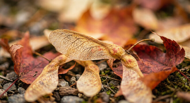 Tree seeds with delicate samara wings resting among dry autumn leaves on forest floor for nature study