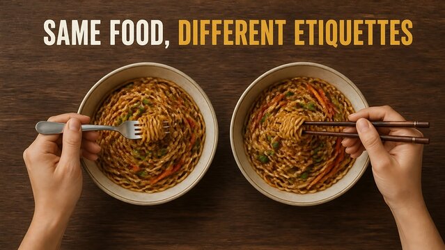 Same food different etiquettes comparing eating noodles with a fork versus chopsticks in two bowls