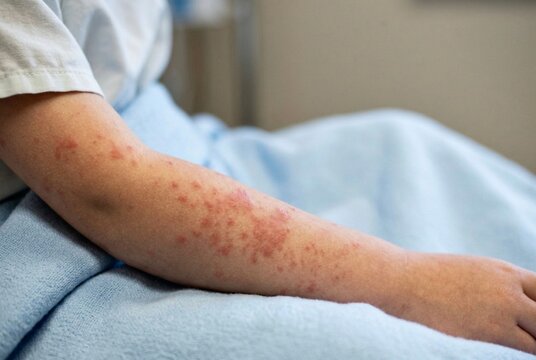 Young Patient arm showing red skin rash caused by measles infection