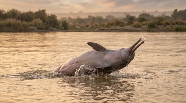 Amazon river dolphin breaching at sunset in natural habitat