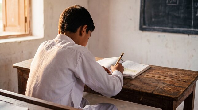 Pakistani school student boy studying at wooden desk classroom back view lifestyle