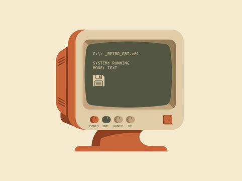 Retro vintage computer monitor illustration with floppy disk icon and system loading text.