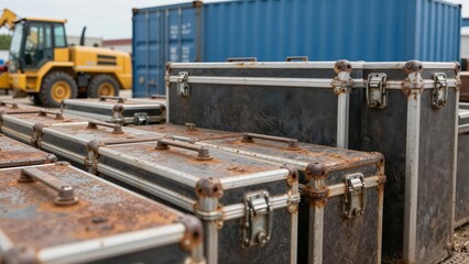 Fototapeta premium Abandoned metal cases with rusted surfaces sit stacked near heavy machinery and shipping containers at an industrial site.