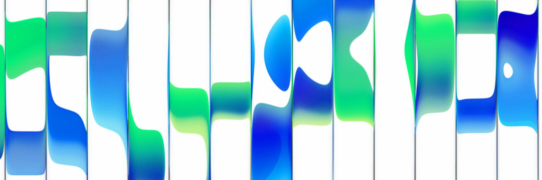Ribbed fractal glass texture with neon blue and green gradient liquid waves on black 3d background. Abstract vertical stripe pattern. Luminous transparent surface with lighting effect