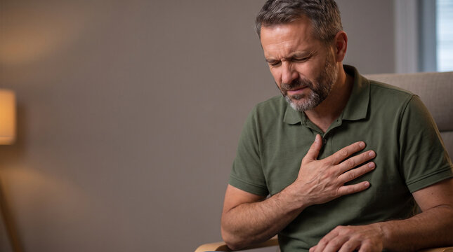 Mature man holding chest suffering from sudden heart attack or pain at home, middle aged male patient having breathing difficulty and cardiovascular disease healthcare web banner