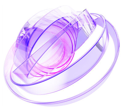 Abstract 3D core structure with glow magenta center, concentric circles, layered transparent glass rings. Complex form with purple pink holographic gradient on light violet background