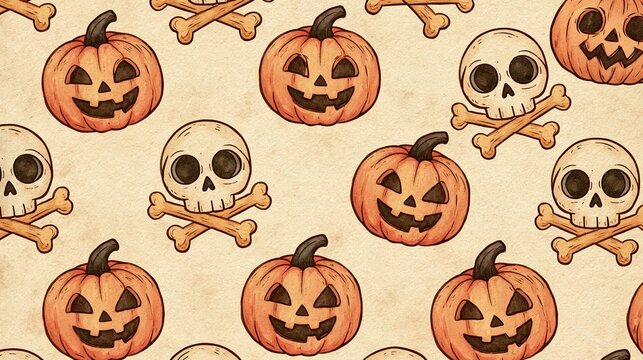 Hand drawn vintage seamless repeating Halloween pattern with carved jack o lantern pumpkins and skull crossbones on textured light beige background