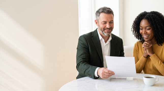 Real estate agent showing mortgage approval document to excited black woman buyer, financial advisor or broker closing insurance deal with happy female client website banner