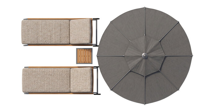 Top view of patio lounge chairs with umbrella and side table