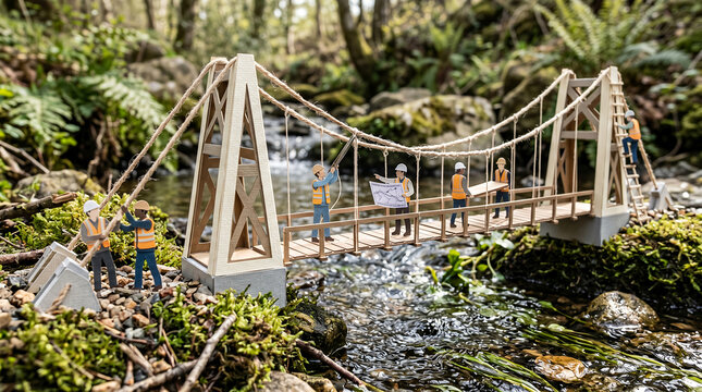Suspension bridge model spans across a small forest stream diorama.