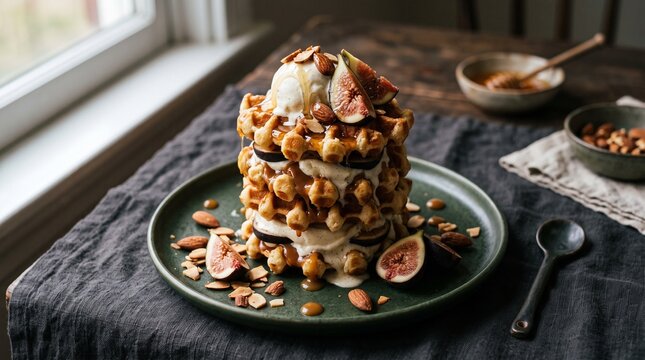 Mini waffle stack layered with vanilla ice cream, salted caramel, roasted almonds, fresh figs and honey drizzle in sophisticated editorial styling.