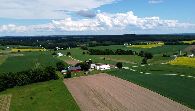 Scenic aerial view of rural countryside farmland with vehicles.