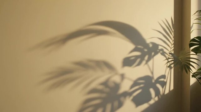 Serene indoor shadow play of leafy plant silhouettes cast on warm beige wall capturing soft natural light and calming ambiance