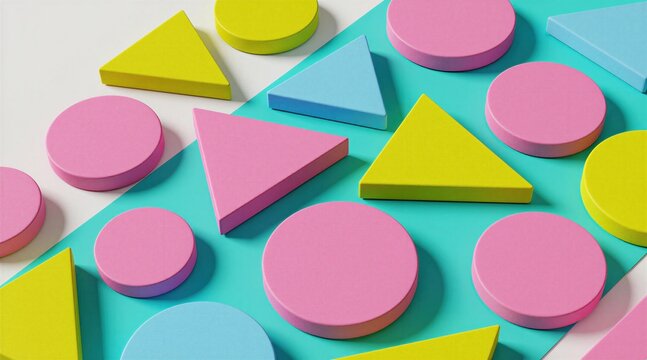 Colorful geometric shapes triangles and circles arranged on a bright turquoise and white background. Simple 3d forms in pink, yellow, and blue create a playful, modern composition with shadows.